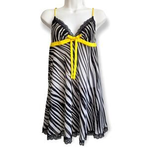 Vintage Betsey Johnson Zebra Printed Lace Babydoll Yellow Bow Tie Size M